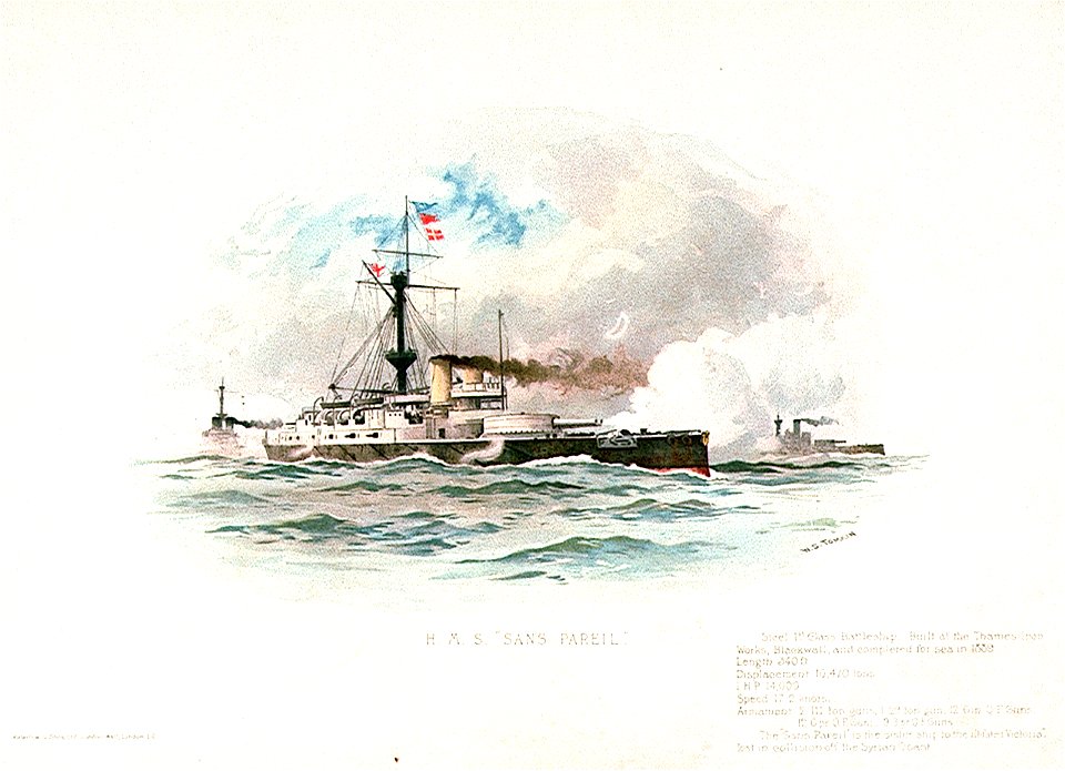 H.M.S. Sans Pareil Steel 1st Class Battleship. Built at The Thames Iron Works, Blackwall, and completed for sea in 1889. Length 340ft.Displacement 10, 470 tons. I.H.P. 14, 000. Speed 17.2 knots. Armament 2 111 ton guns, RMG PU6304
