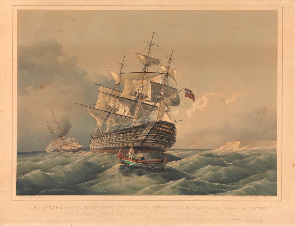 H.M.S. Queen, 110 guns, being towed out of Malta harbour by H.M. steam vessel Virago Jany 16th 1844 RMG PY0891