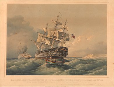 H.M.S. Queen, 110 guns, being towed out of Malta harbour by H.M. steam vessel Virago Jany 16th 1844 RMG PY0891
