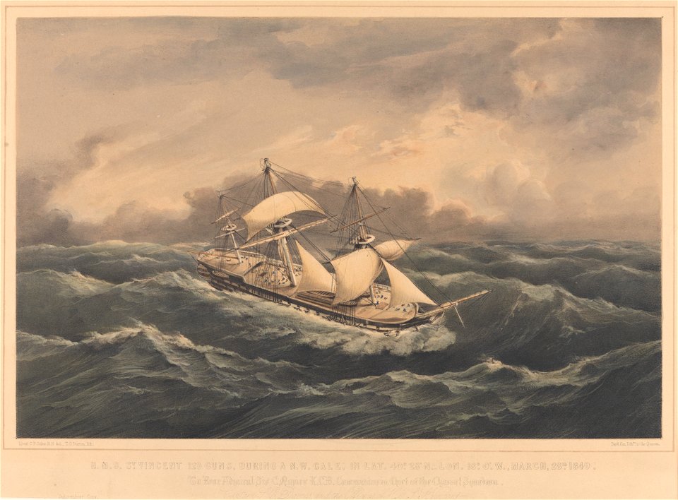 H.M.S. St Vincent 120 Guns, During a N.W. Gale, in Lat 40o 28'N Lon. 18o 0' W, March 28th 1849 RMG PY0795
