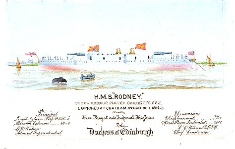 H.M.S. Rodney steel armour plated barbette ship launched at Chatham 8th October, 1884. Named by Her Royal and Imperial Highness the Duchess of Edinburgh. Principal dimensions. Length between perprs 325'0 Breadth Extreme RMG PU6288