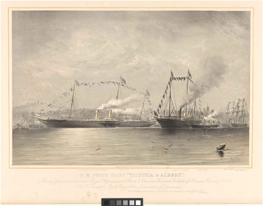 H.M. State Yacht Victoria and Albert, leaving Gravesend with their Royal Highnesses the Prince and Princess Frederick William of Prussia, February 2nd 1858 - (shows HMS Osborne and Vivid) RMG PY8732