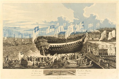 H.M.S. Thunderer 84 guns, launched at Woolwich on Septr 22 1831 (with inset view of the New Basin) RMG PY0845