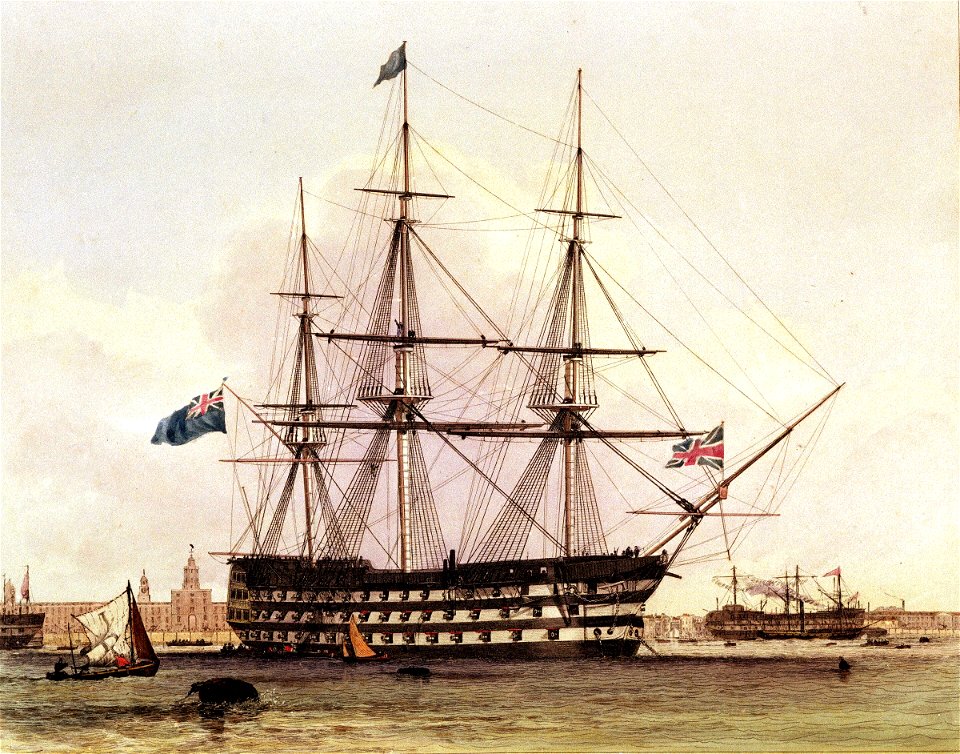 H.M.S. Victory First Rate 104 guns. Portsmouth Harbour. The Flagship of the late Lord Nelson. On board of which he was killed off Trafalgar Oct 21st 1805 RMG PU5983