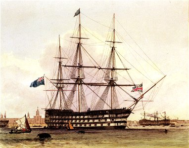 H.M.S. Victory First Rate 104 guns. Portsmouth Harbour. The Flagship of the late Lord Nelson. On board of which he was killed off Trafalgar Oct 21st 1805 RMG PU5983