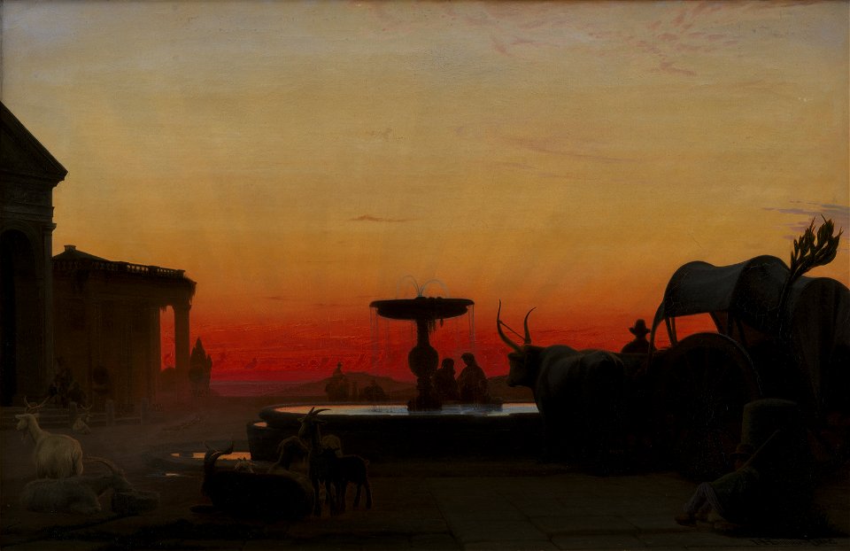 H.J. Hammer - A Square in Ariccia, Italy. After Sunset - KMS826 - Statens Museum for Kunst (1862)