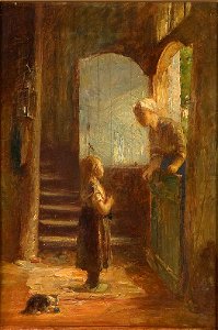 H.J. Mélis - Interieur met meisje en een vrouw leunend over een onderdeur - E88 - Instituut Collectie Nederland