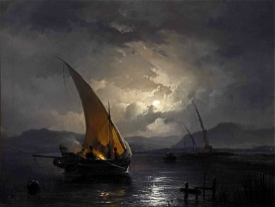 Remigius Adrianus Haanen - A night landscape with a sailboat where a fire is being lit