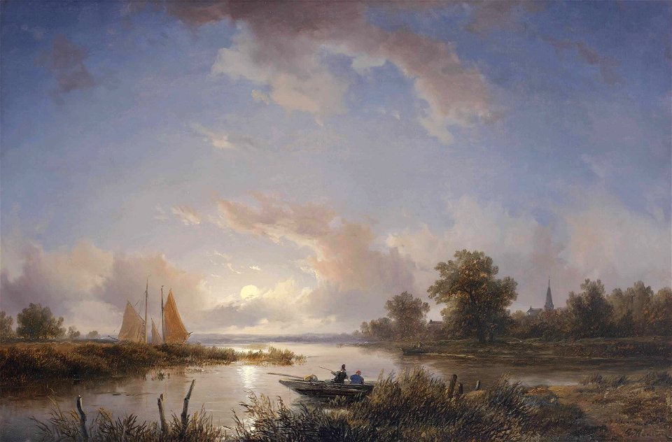 Remigius Adrianus Haanen - Anglers in a rowing boat at twilight (1853)