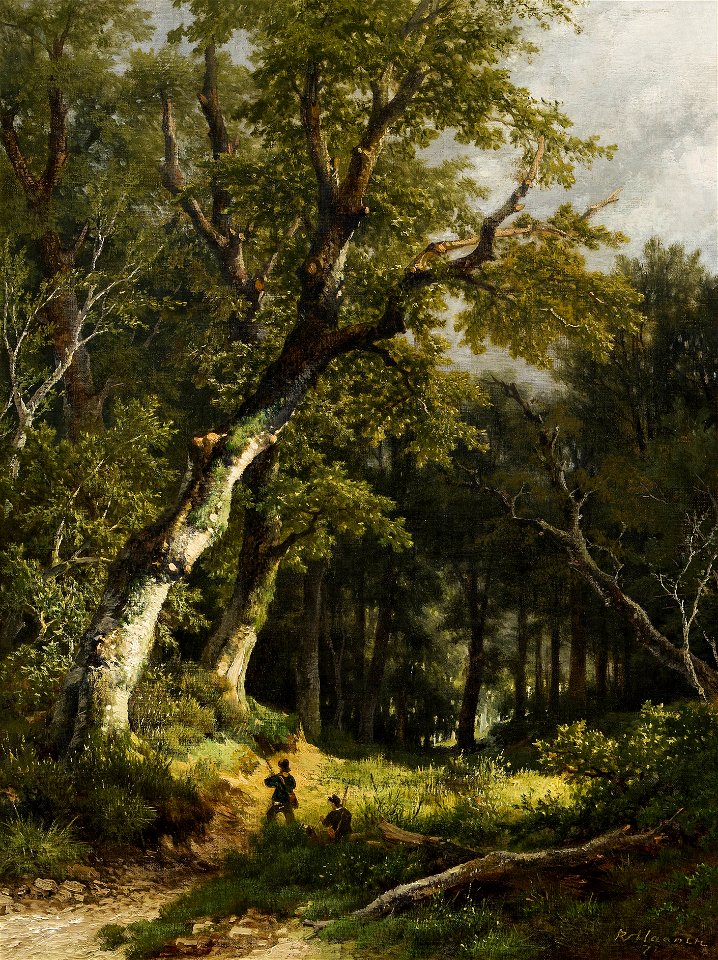 Remigius Adrianus Haanen - Wooded landscape with two hunters (1872)