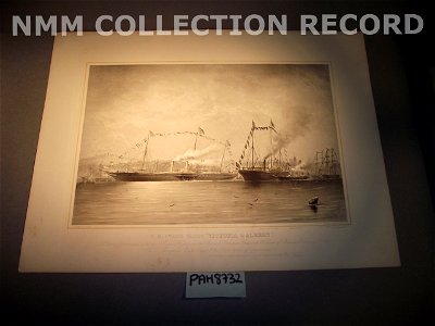 H.M. State Yacht Victoria and Albert, leaving Gravesend with their Royal Highnesses the Prince and Princess Frederick William of Prussia, February 2nd 1858 - (shows HMS Osborne and Vivid) RMG RU6841