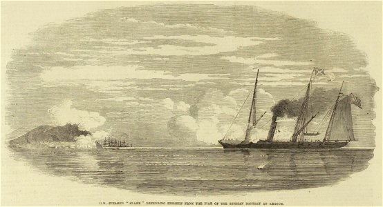 H.M. Steamer Snake defending herself from the fire of the Russian battery at Kertch - ILN 1855 0303 0020