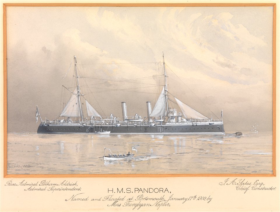 H.M.S. Pandora Named and Floated at Portsmouth, January 17th 1900 by Mrs Trevylyan Napier. Rear Admiral Pelham Aldrich, Admiral Superintendent J.A. Yates, Esq, Chief Constructor RMG PU6313