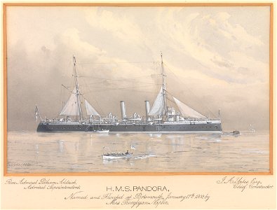 H.M.S. Pandora Named and Floated at Portsmouth, January 17th 1900 by Mrs Trevylyan Napier. Rear Admiral Pelham Aldrich, Admiral Superintendent J.A. Yates, Esq, Chief Constructor RMG PU6313