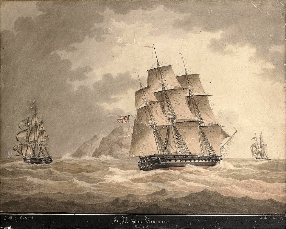 H.M.S. Vernon at sea with H.M.S. Portland and H.M.B. Colombine beyond, by Nicolas S. Cammillieri