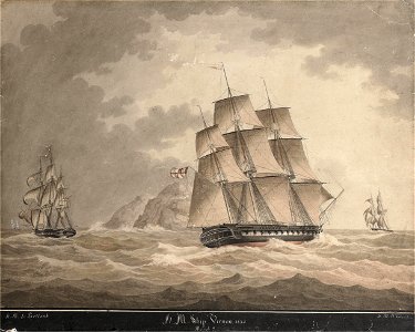 H.M.S. Vernon at sea with H.M.S. Portland and H.M.B. Colombine beyond, by Nicolas S. Cammillieri