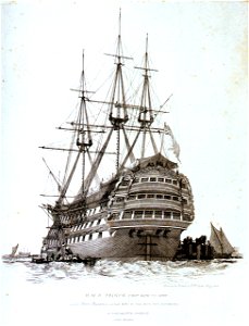 H.M.S. Prince First Rate 110 Guns (with the Stern Balconies, as built before the close sterns were introduced) in Portsmouth Harbour Jury rigged RMG PU6033