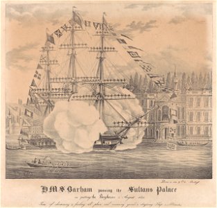 H.M.S. Barham passing the Sultans Palace on quitting the Bosphorus 2 August 1832. Time of shortening and furling all plain sail manning yards and dressing Ship 2 1-2 Minutes. RMG PY0781