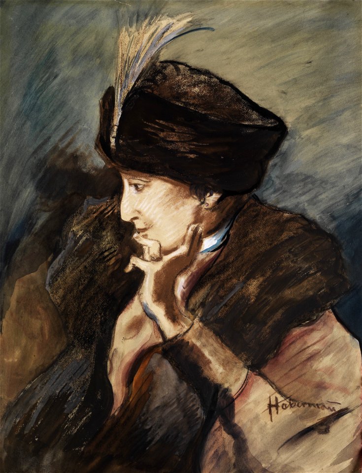 Habermann Portrait einer jungen Frau mit Federhut