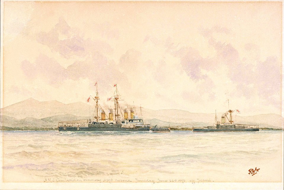 H.M.S. Camperdown ramming H.M.S. Victoria Thursday June 22nd 1893 off Tripoli RMG PU6305