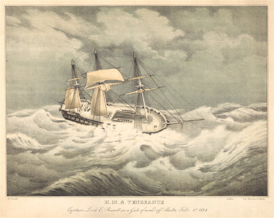 H.M.S. Vengeance Captain Lord E Russell in a Gale of wind off Malta Feby 1st 1852 RMG PY0833