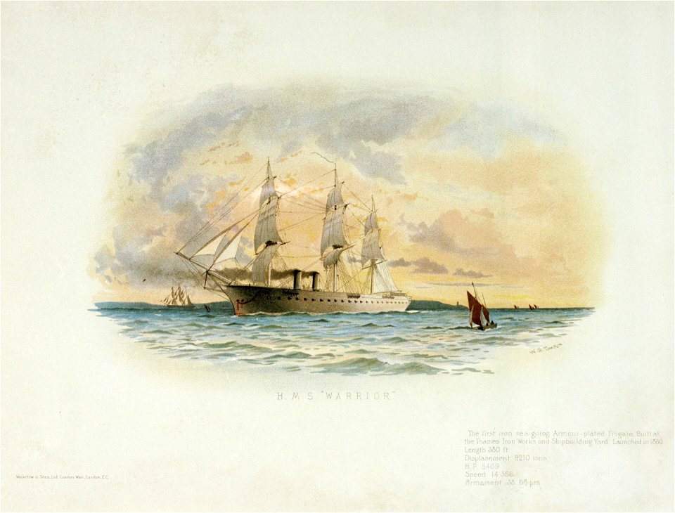 H.M.S. Warrior The first iron sea-going Armour-plated frigate. Built at the Thames Iron Works and shipbuilding Yard. Launched in 1860 Length 380ft Displacement 9210 tons H.P. 5469 Speed 14.356 Armament 38 68prs RMG PU6223