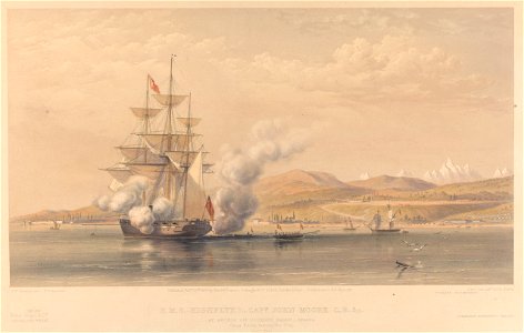 H.M.S. Highflyer Captn John Moore C.B. &c. at anchor off Soukoum Kaleh-Abasia, Omar Pasha leaving the Ship, Octr 1855 RMG PY0952