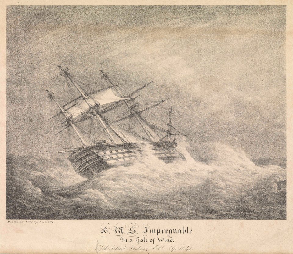 H.M.S. Impregnable In a Gale of Wind of the Island of Sardinia Octbr 29 1841 RMG PW8010