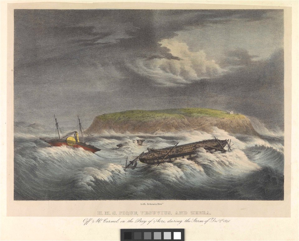H.M.S. Pique Vesuvius and Zebra off Mt Carmel in the Bay of Acre, during the storm of Decr 2nd 1840 RMG PW8071