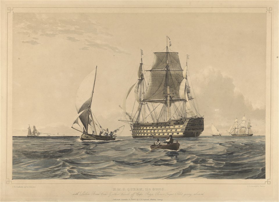 H.M.S. Queen, 110 guns with Lisbon Bean Cods and other vessels off Cape Raza, River Tagus- Pilot going aboard RMG PY0888