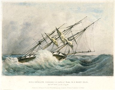 H.M.S. Satellite commanded by Captain T. Robb in a heavy gale, Feby 28th 1838. Lat 29. Long 64. Drawn by Chetwynd Plowden Wood, Midshipman on board, 2nd son of General. I. S. Wood RMG PU6136