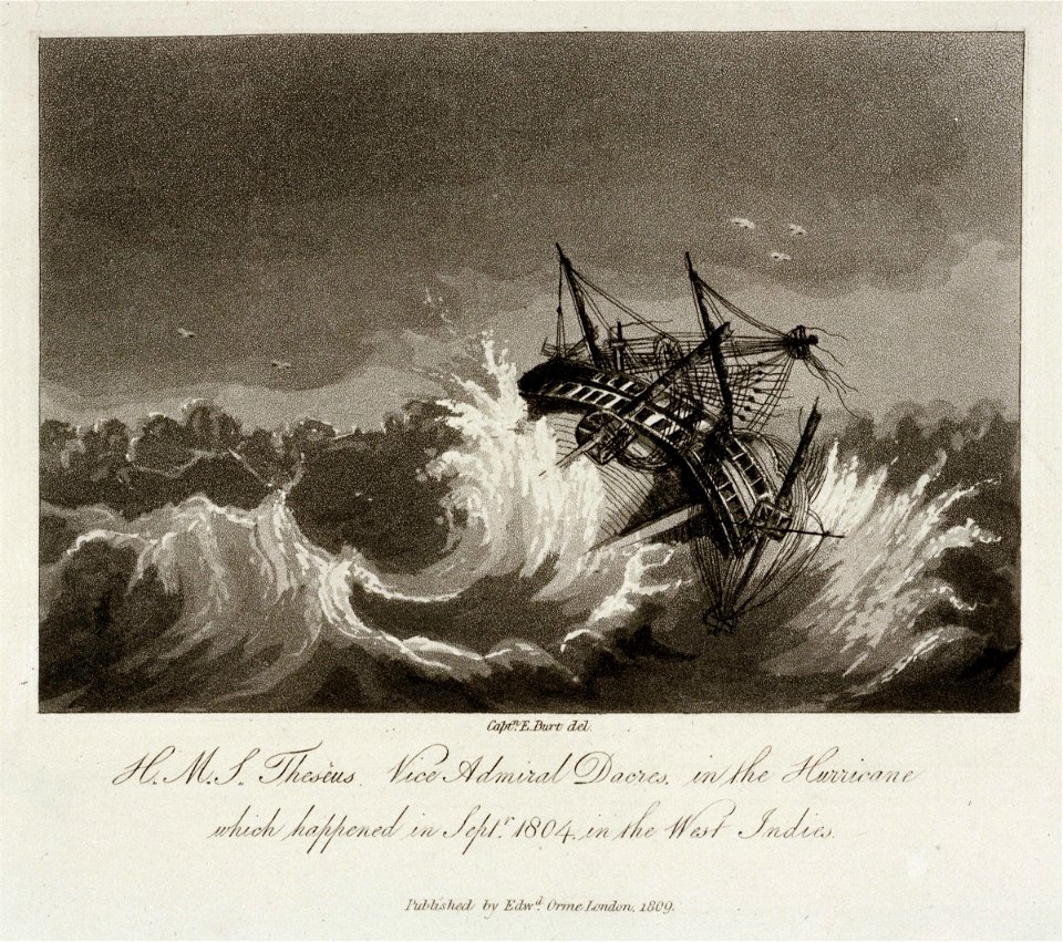 H.M.S. Theseus Vice Admiral Dacres, in the Hurricane which happened in Septr 1804, in the West Indies. Plate 2 RMG PU6028