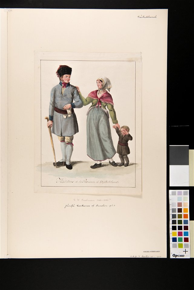 Habitants de la Province de la Gestrikland , Tre personer en man en kvinna och ett barn i dräkt - Nordiska museet - NMA.0070068 (2)