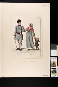 Habitants de la Province de la Gestrikland , Tre personer en man en kvinna och ett barn i dräkt - Nordiska museet - NMA.0070068 (2)