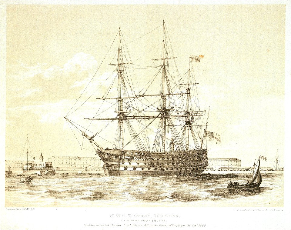 H.M.S. Victory 104 guns, (lying off Portsmouth Dock Yard) the ship in which the late Lord Nelson fell at the Battle of Trafalgar, 21 Octr. 1805 RMG PU5980