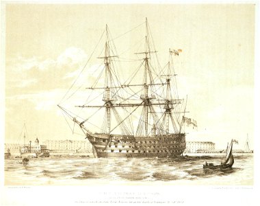H.M.S. Victory 104 guns, (lying off Portsmouth Dock Yard) the ship in which the late Lord Nelson fell at the Battle of Trafalgar, 21 Octr. 1805 RMG PU5980