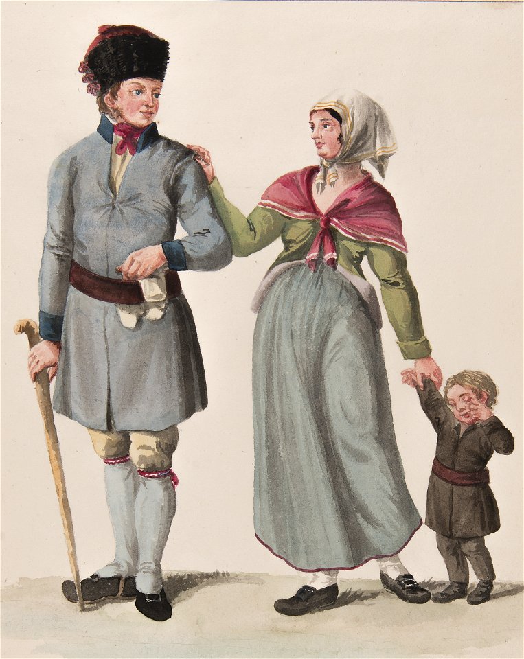 Habitants de la Province de la Gestrikland , Tre personer en man en kvinna och ett barn i dräkt - Nordiska museet - NMA.0070068 (1)