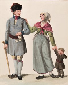 Habitants de la Province de la Gestrikland , Tre personer en man en kvinna och ett barn i dräkt - Nordiska museet - NMA.0070068 (1)