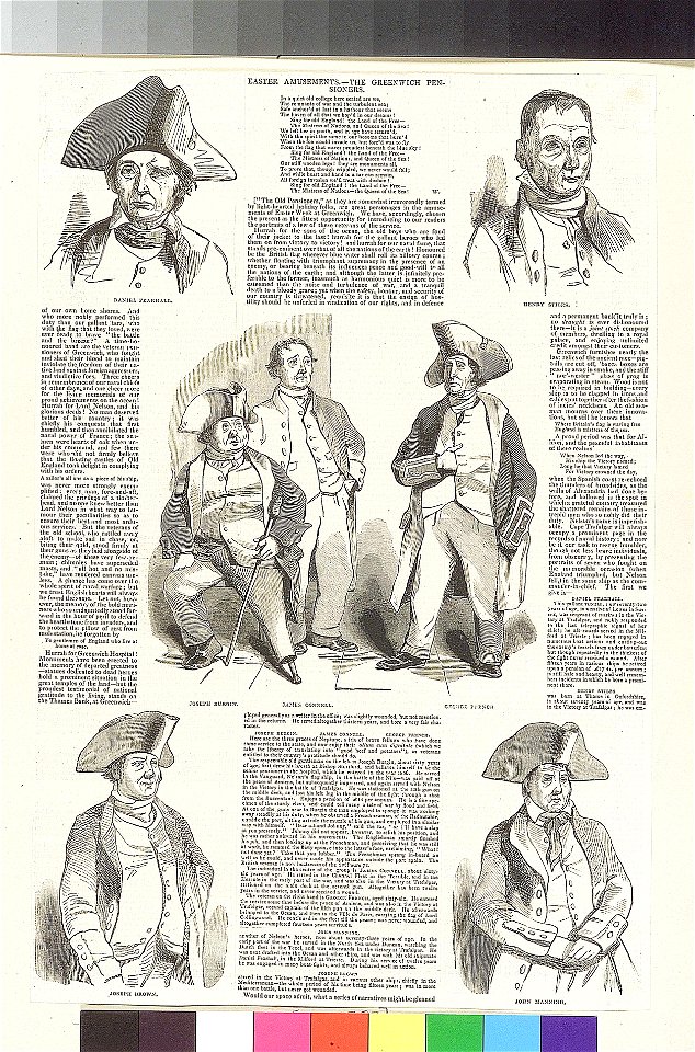 Easter Amusements - The Greenwich Pensioners - (with biographical details on Daniell Ferhall, Henry Stiles, Joseph Burgin, James Connell, George French, Joseph Brown and John Manning) RMG PZ8797