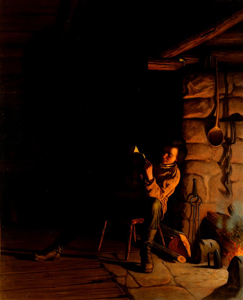 Eastman Johnson, The boyhood of Lincoln, an evening in the log hut, 1868