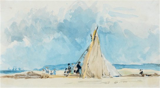 Ebenezer Landells - Fisherman’s tent on a beach - circa 1840 - Landells-Beach. Free illustration for personal and commercial use.