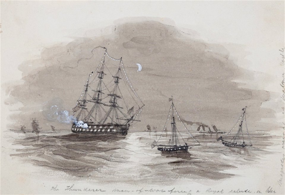 Ebenezer Landells - The Thunderer, Man-of-War firing a Royal Salute on her Majesties arrival at Walmer Castle - 1842