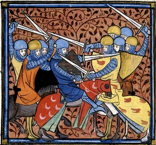Ebroin defeating the Austrasians, from Les Grandes chroniques de France, Royal 16 G VI f.114v, c. 1332-1350 (22528516520). Free illustration for personal and commercial use.
