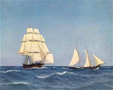 Eckersberg, CW - En kaperskonnert, som undløber en forfølgende fregat - 1845. Free illustration for personal and commercial use.