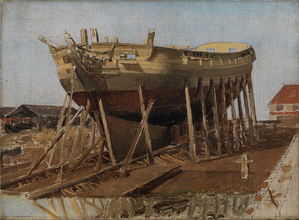 Eckersberg, CW - En korvet på stabelen, Nyholm med spanteloftsbygningen i baggrunden - 1828
