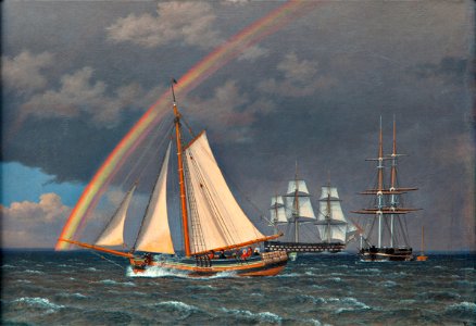 Eckersberg, CW - Regnbue på søen, en krydsende jagt med nogle andre skibe - 1836. Free illustration for personal and commercial use.