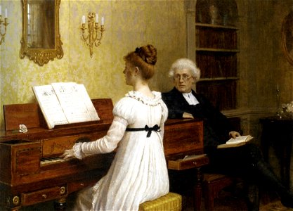 Edmund Blair Leighton - Singing to the reverend. Free illustration for personal and commercial use.