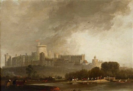 Edmund Bristow (1787-1876) (attributed to) - View of Windsor Castle from the River, with Cattle, and Men on Horseback - 515588 - National Trust