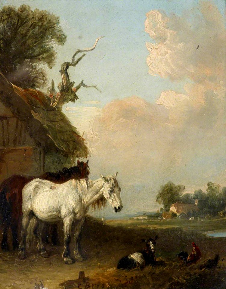Edmund Bristow (1787-1876) - Landscape with Two Horses and a Goat by a Shed - 515514.7 - National Trust