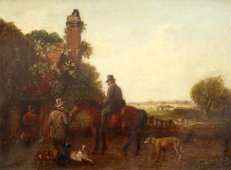 Edmund Bristow (1787-1876) - Two Sportsmen outside a Cottage, One on Horseback, with Dogs - 515517.3 - National Trust